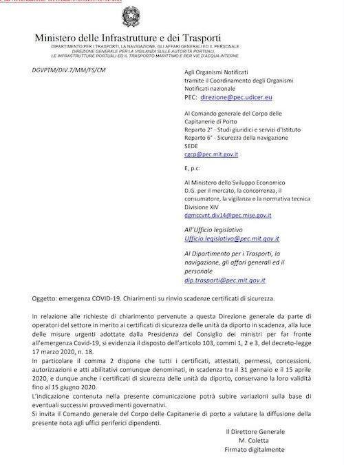 Proroga validità certificati sicurezza nautica da diporto